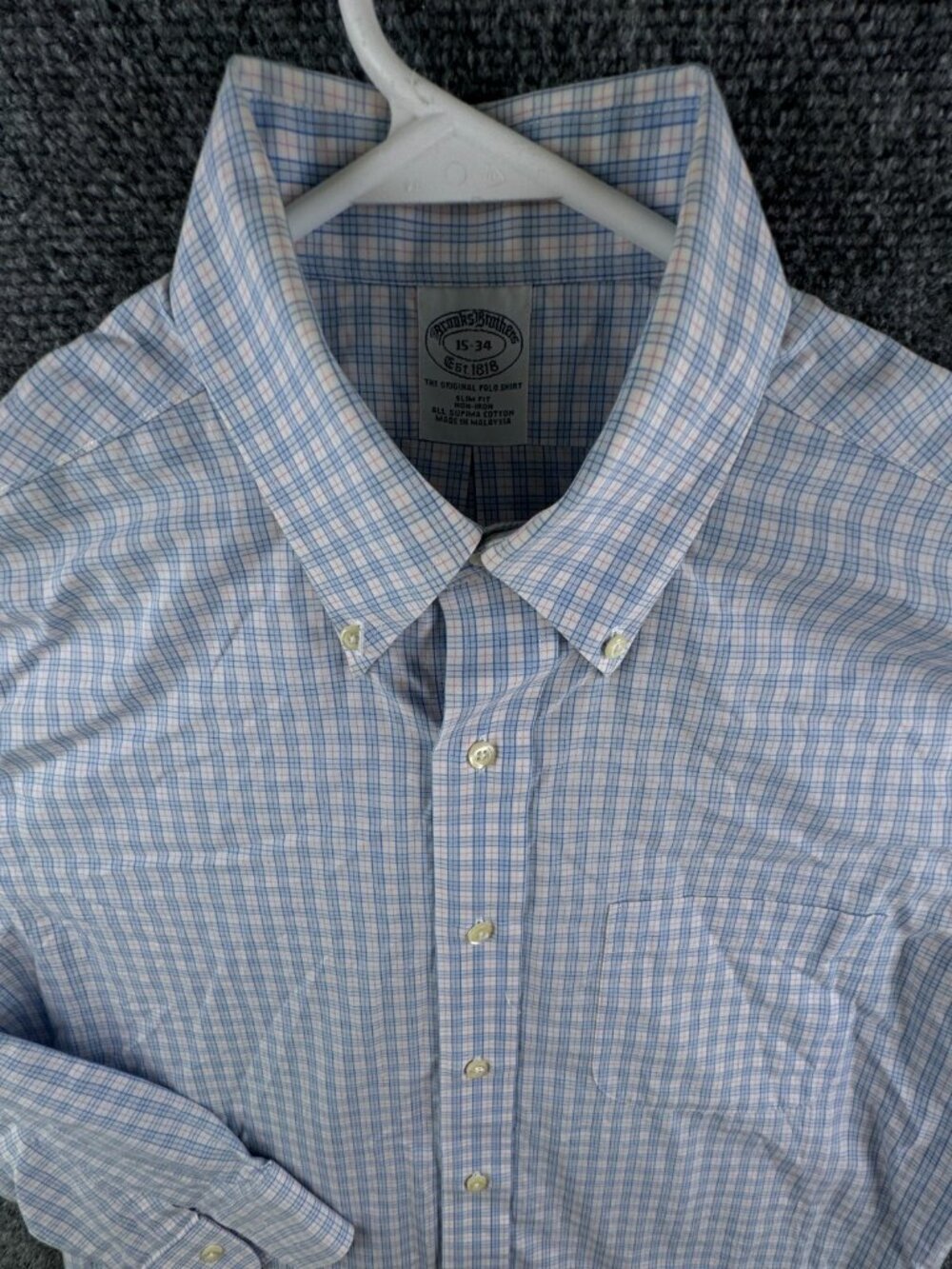 Brooks Brothers 15 34 Slim Fit Long Sleeve Button Up Shirt Cotton Blue Red Plaid